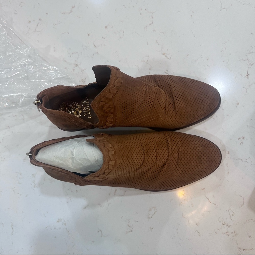 Vince Camuto Perforated Suede Braided Ankle Boots Brown 8W/38.5 - Picture 2 of 5
